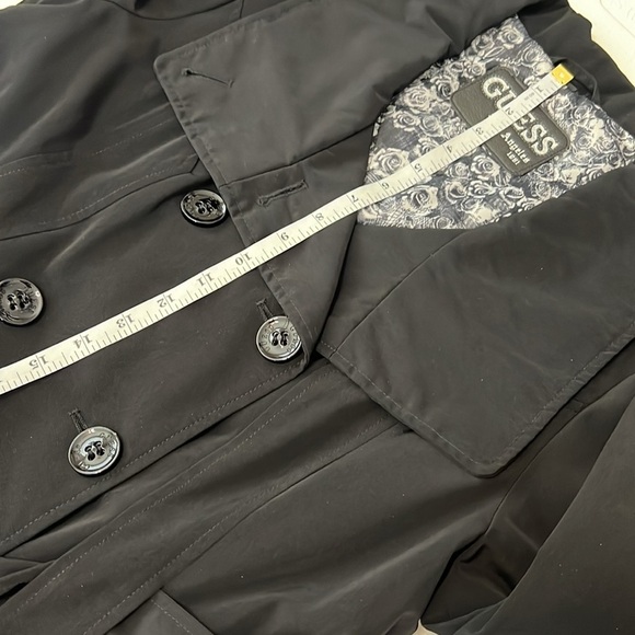 Guess Trench Coat Black Double Breasted Belted Polyester EUC S claz L - Picture 9 of 15